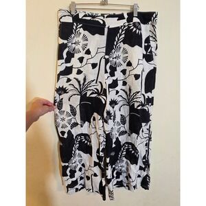 Nicole Miller New York Linen Wide Leg Pants Black White Floral XL RN 75343‎